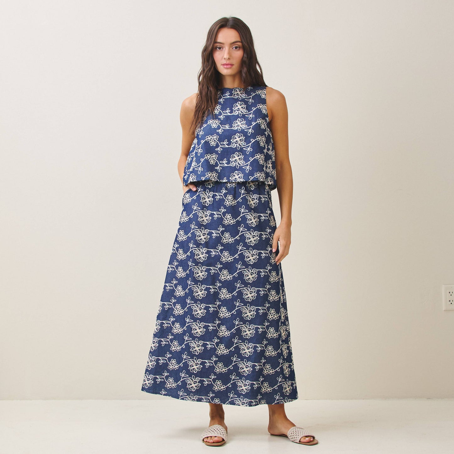 Embroidered Blue/White Top & Skirt Set
