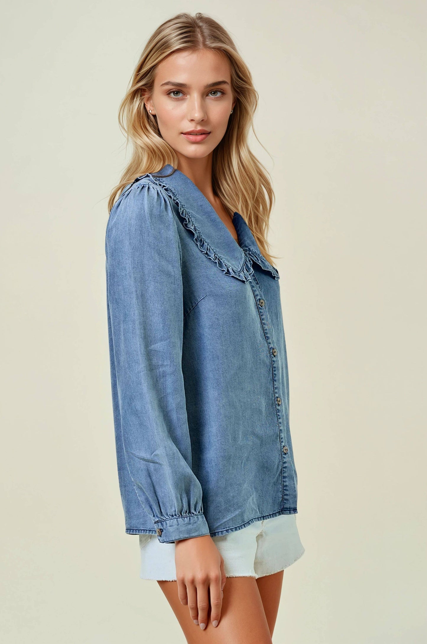 Tencel Denim Long Sleeve Button Down Shirt Blouse