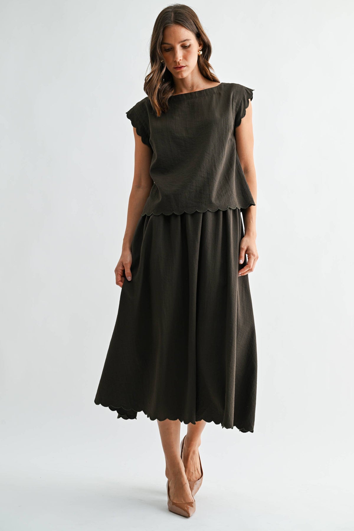 OLIVE GREEN SCALLOP EDGE MAXI TOP SKIRT SET