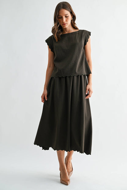 OLIVE GREEN SCALLOP EDGE MAXI TOP SKIRT SET