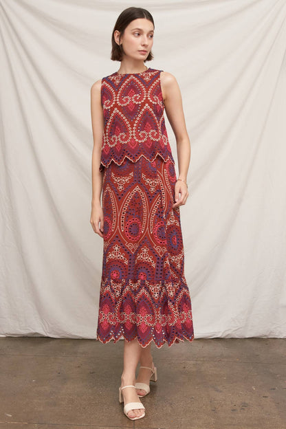 Eyelet Embroidered Blouse and Midi Skirt with Uneven Hem Scallop