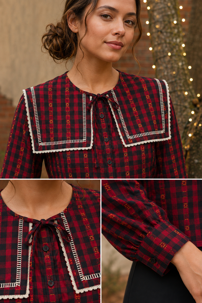 Plaid Red Black White Scallop Lace Peter Pan Oversize Collar Blouse