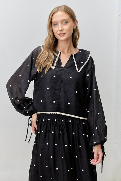 DOT OVERSIZE BABYDOLL BIG COLLAR BLACK WHITE BLOUSE TOP