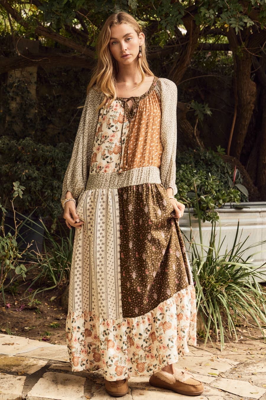 Mixed Floral Print Tiered Midi Dress