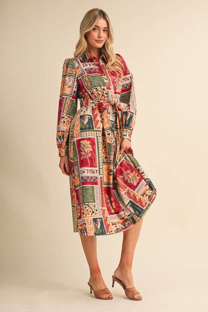 PATCHWORK PRT EMBELLISHED BUTTON DWN BELTED MIDI DREss