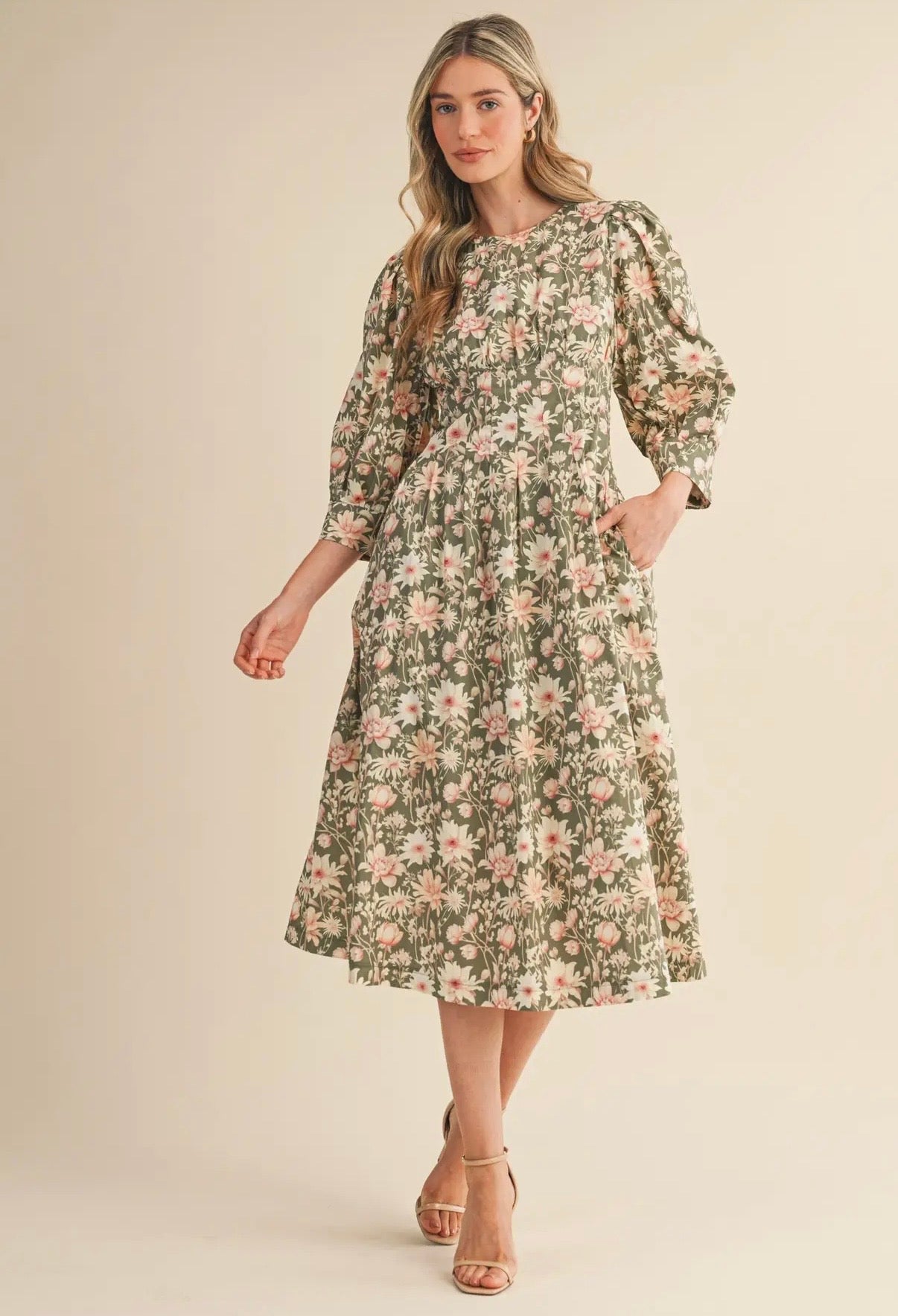 Olive Green Floral Pleated Midi Dress