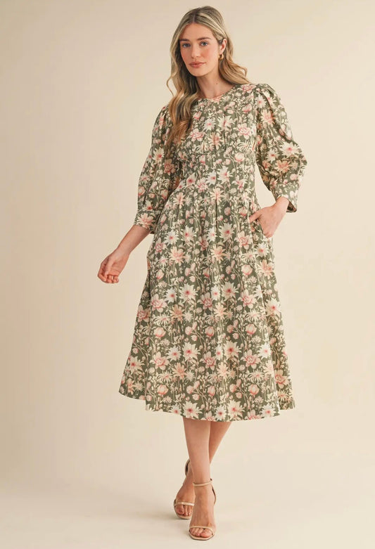 Olive Green Floral Pleated Midi Dress