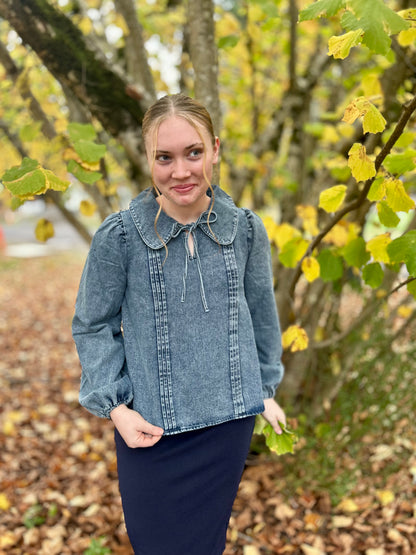Mineral Washed Chambray Denim Blouse Top
