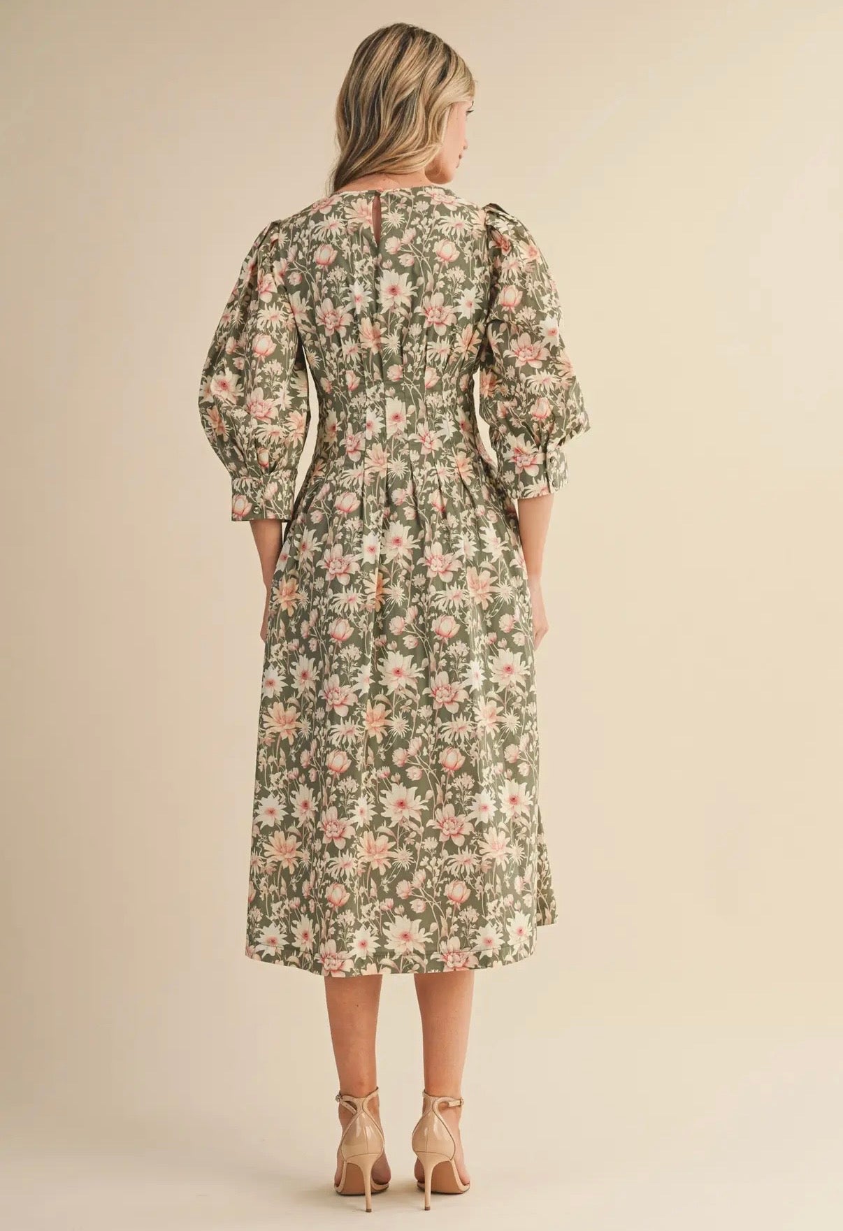 Olive Green Floral Pleated Midi Dress