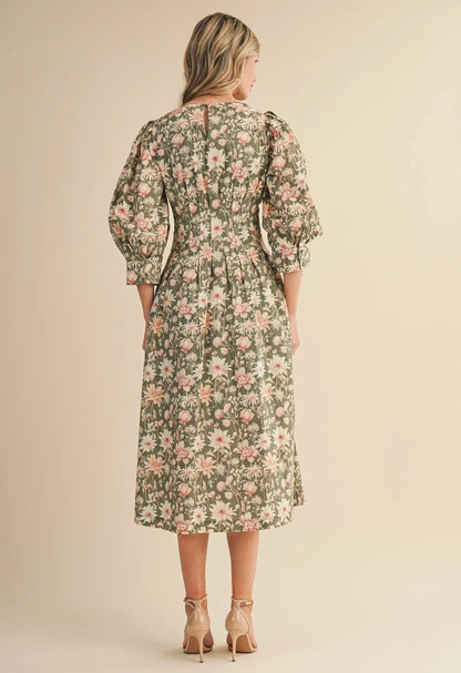 Olive Green Floral Pleated Midi Dress