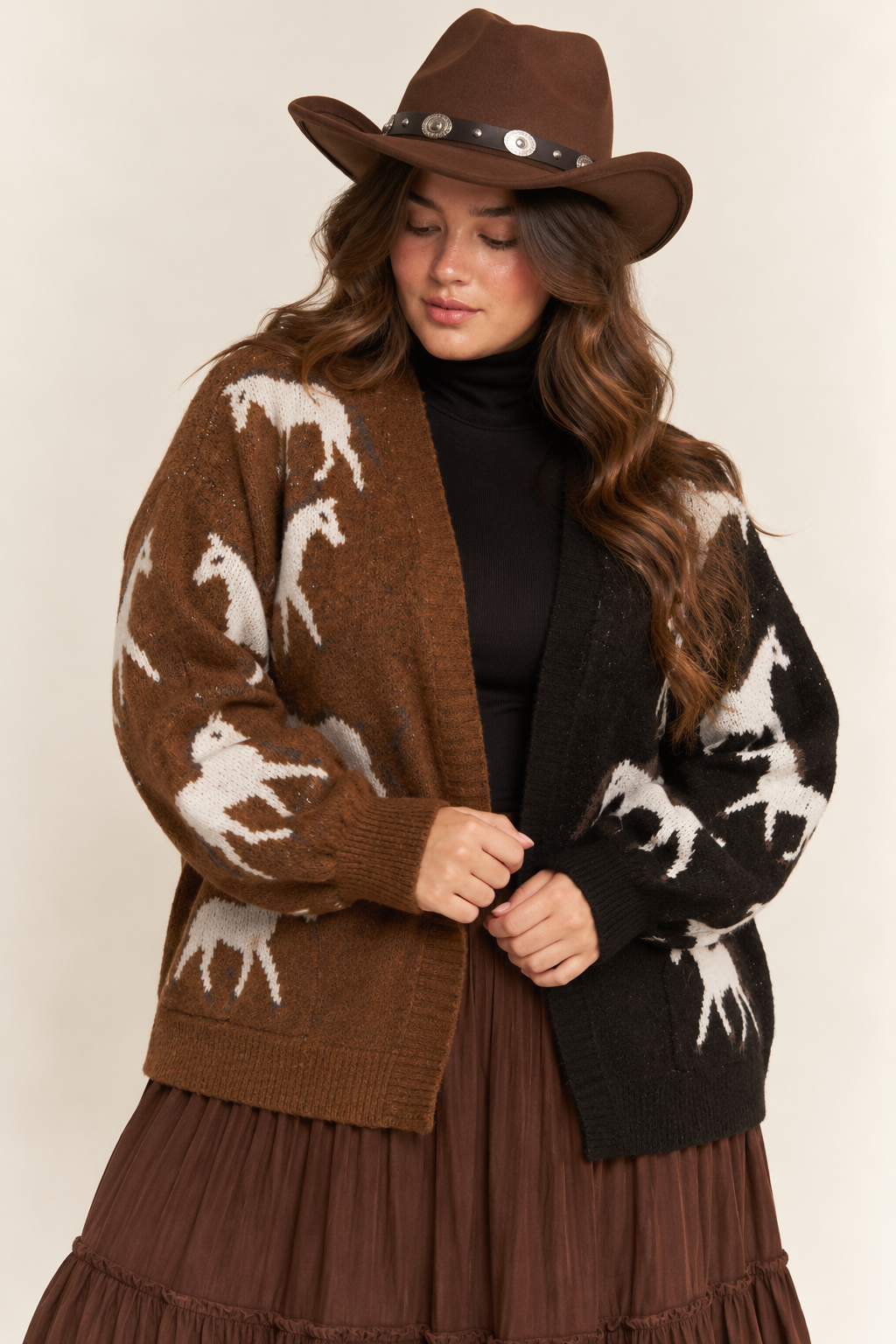TWO TONE BROWN BLACK WHITE HORSE CARDIGAN