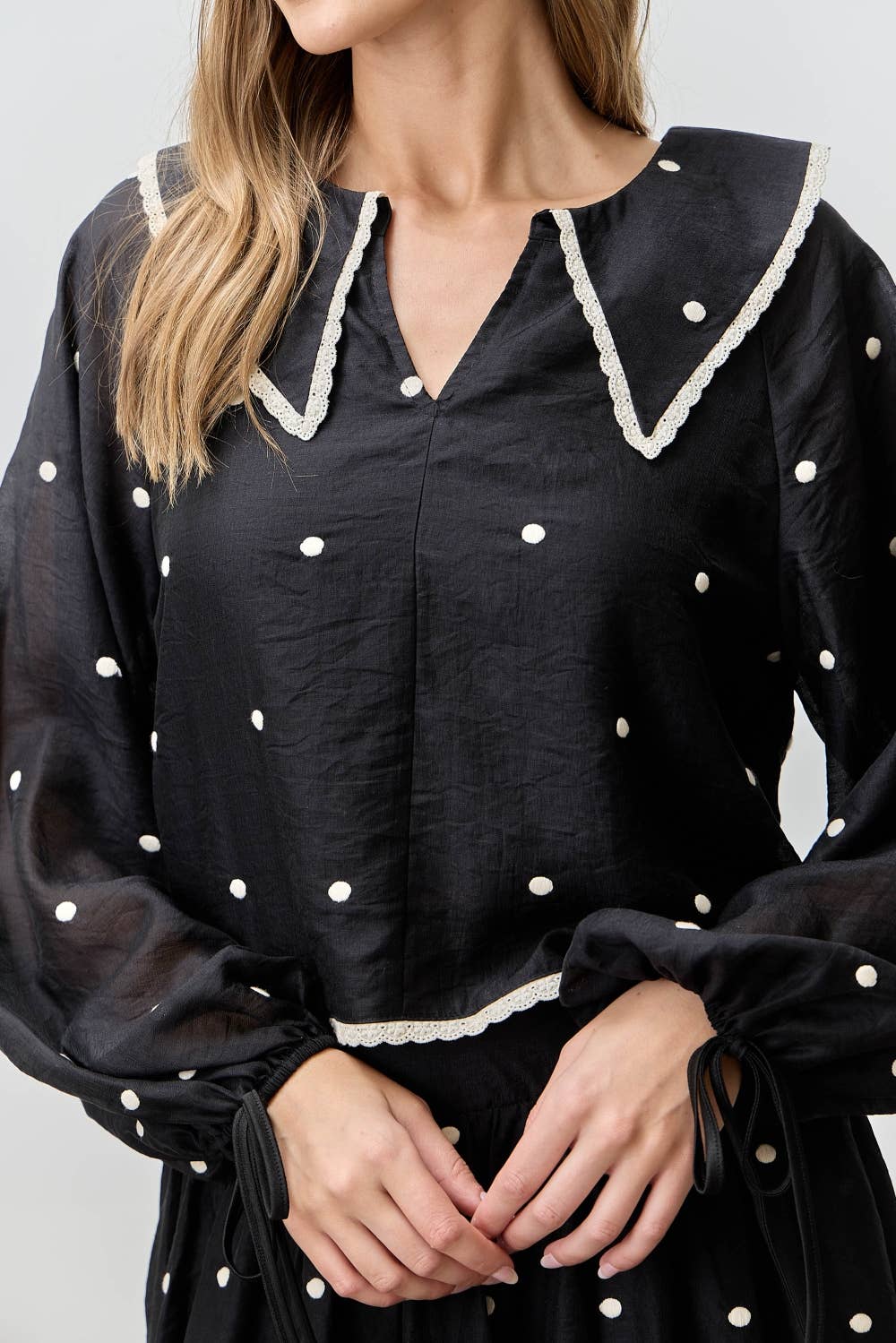 DOT OVERSIZE BABYDOLL BIG COLLAR BLACK WHITE BLOUSE TOP
