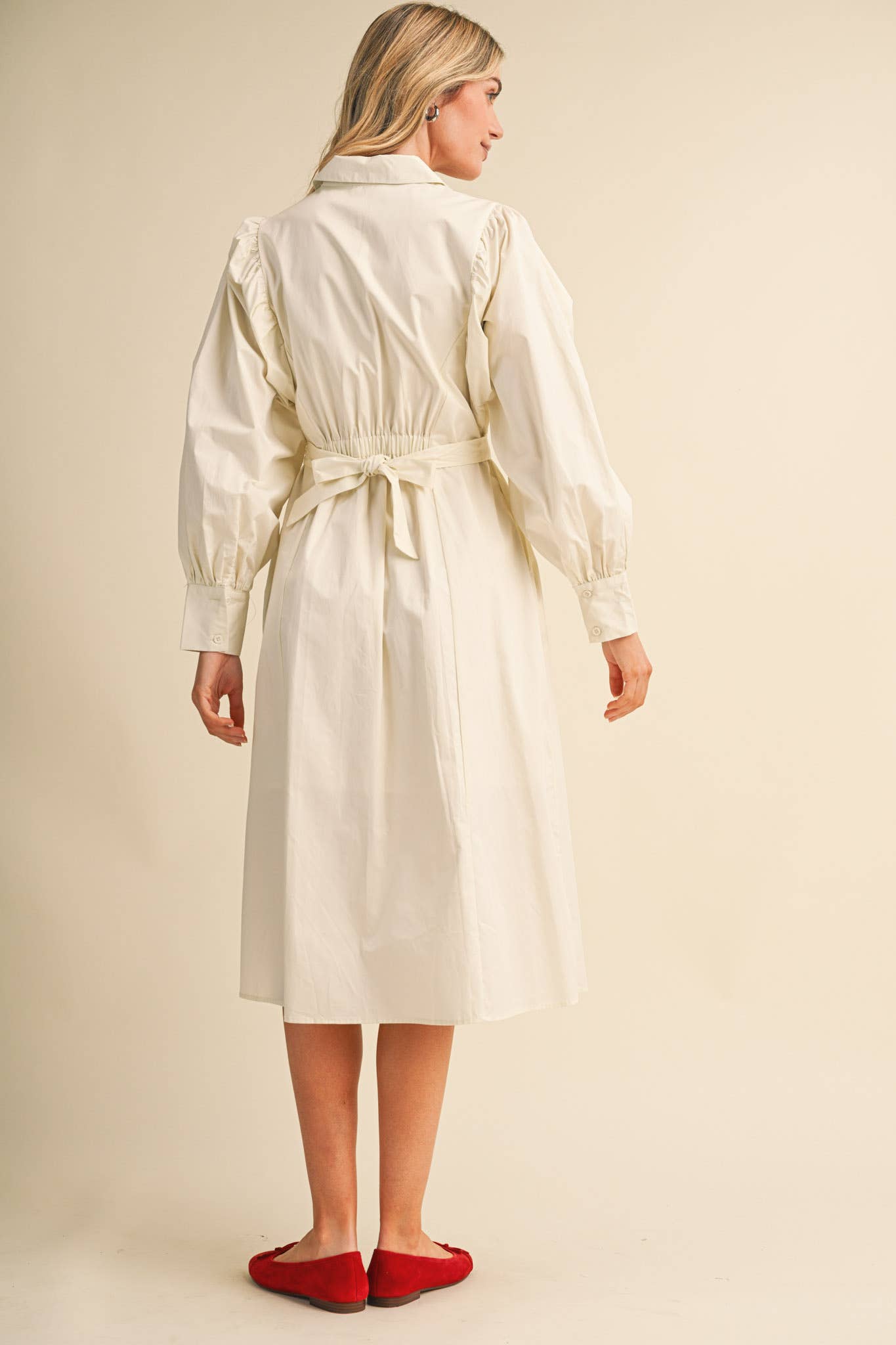 BUTTON DOWN BELTED MIDI DRESS CREAM