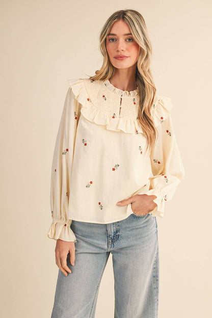 RUFFLED SMOCKED YOKE EMBROIDERED BLOUSE Multiple Color - PRE ORDER
