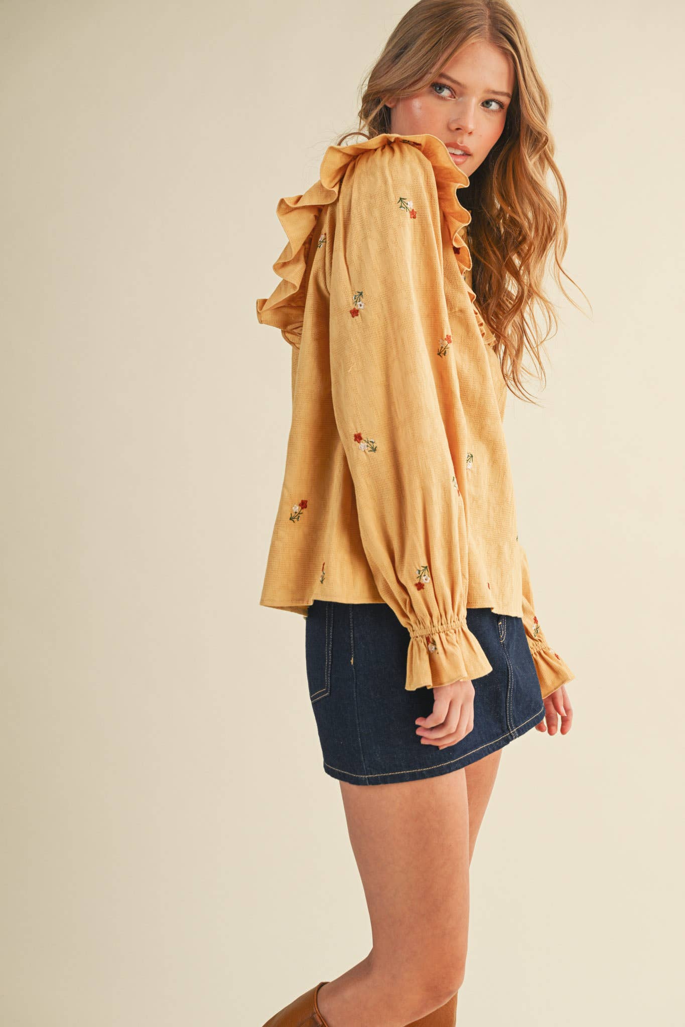 RUFFLED SMOCKED YOKE EMBROIDERED BLOUSE Multiple Color - PRE ORDER
