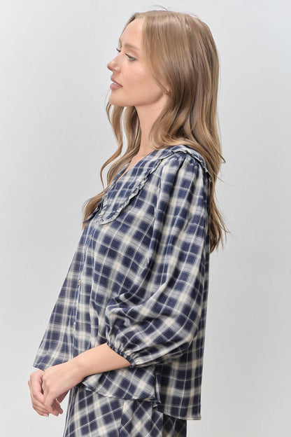 PLAID PRINT V NECK HALF SLEEVE PETER PAN COLLAR TOP SKIRT JACKET SET