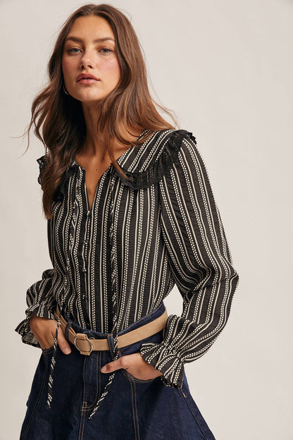 Embroidered Collar Textured Peter Pan Blouse
