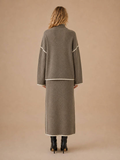 Contrast Piping Trim Sweater Skirt Knit Set