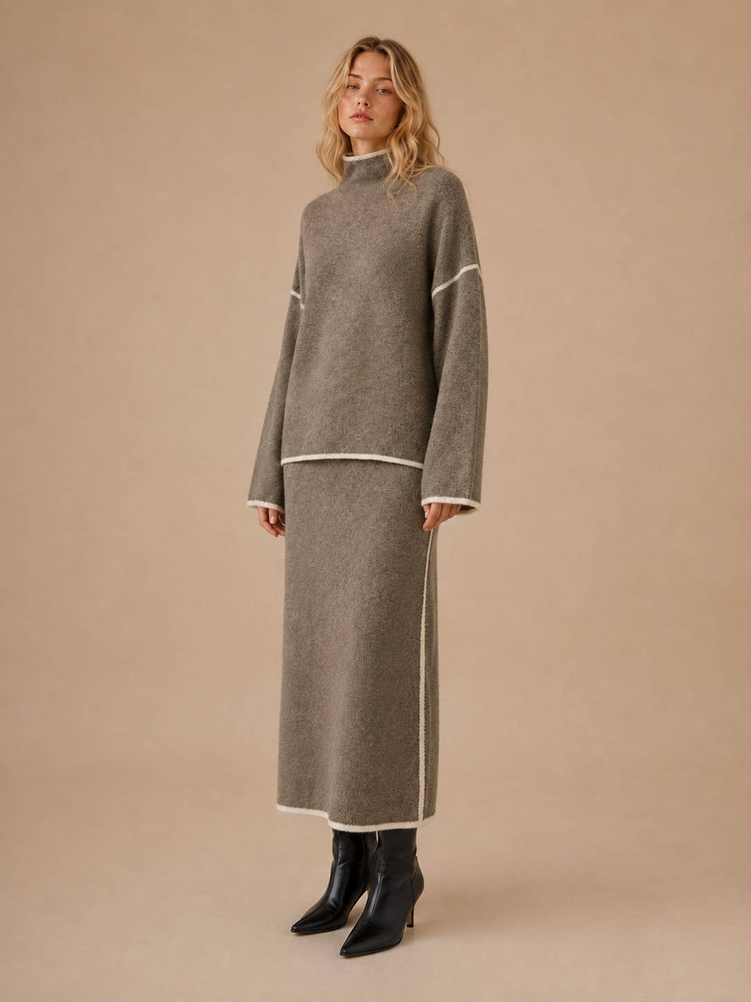 Contrast Piping Trim Sweater Skirt Knit Set