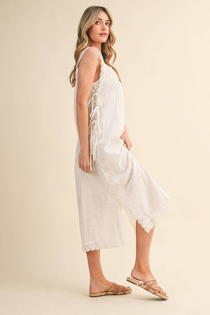 COTTON LACE TRIM SIDE TYING MIDI DRESS BLACK WHITE