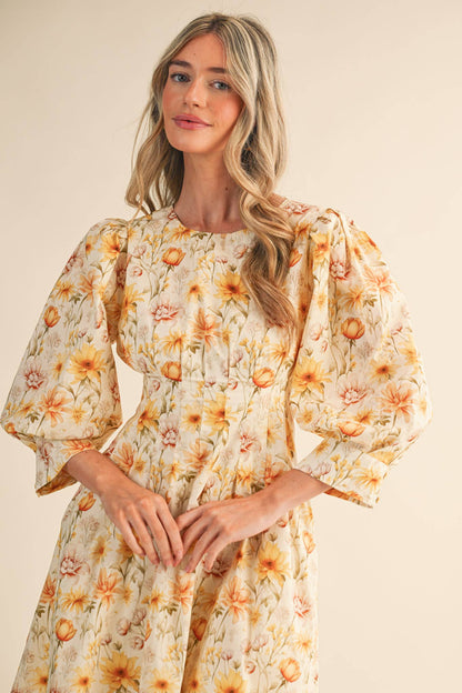 Yellow Floral Pleated Waist Midi Dress