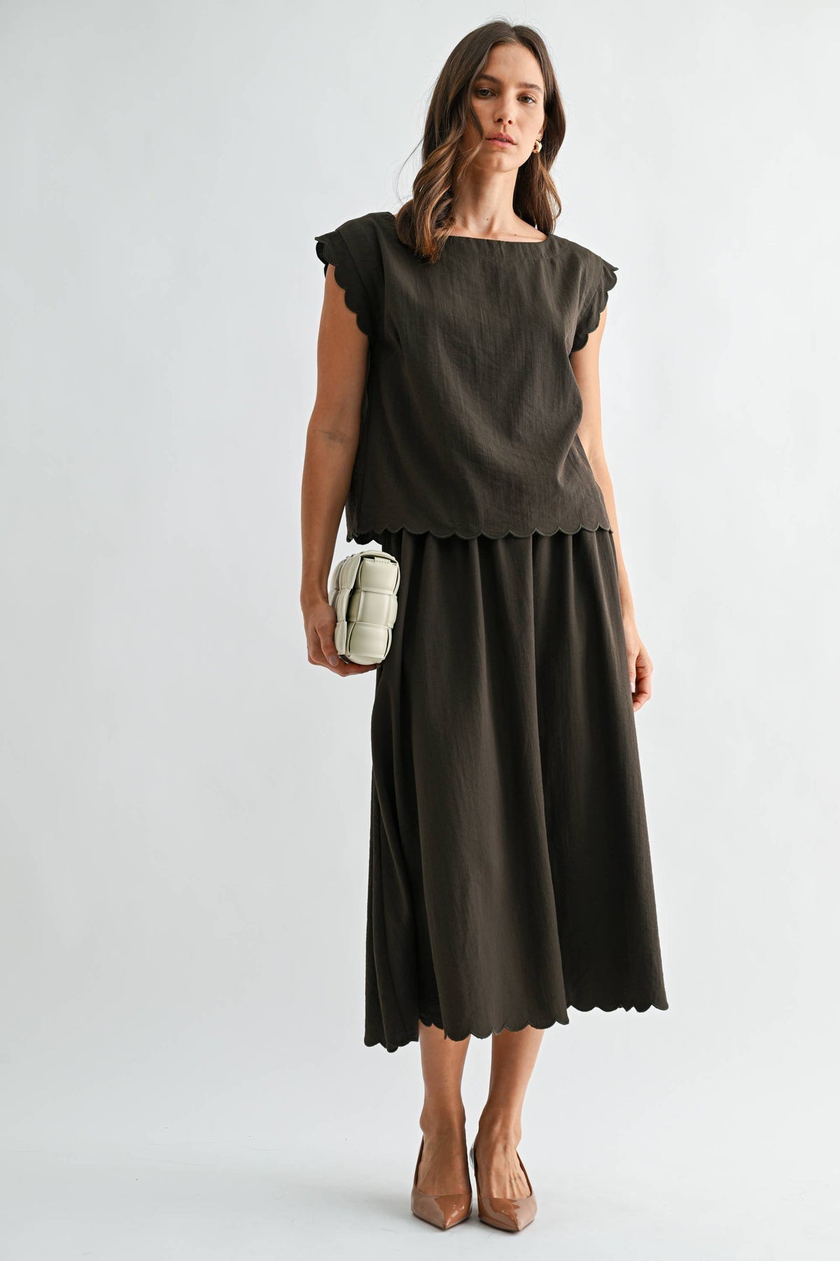 OLIVE GREEN SCALLOP EDGE MAXI TOP SKIRT SET