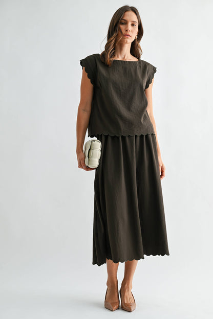 OLIVE GREEN SCALLOP EDGE MAXI TOP SKIRT SET