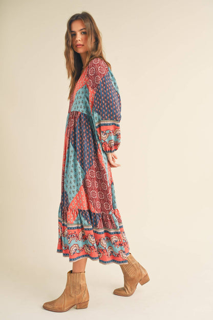 PATCHWORK PRINT BALLOON SLEEVE MIDI DRESS