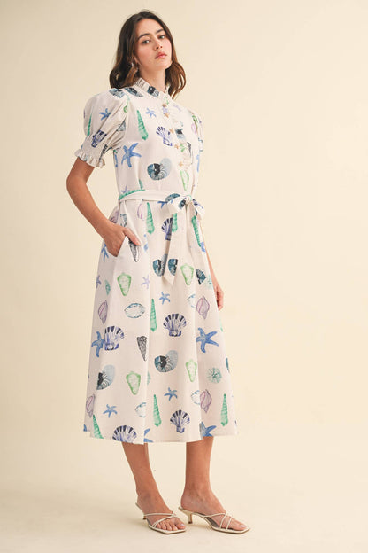 SEASHELL PRINT RUFFLE COLLAR BELTED MIDI DRESS