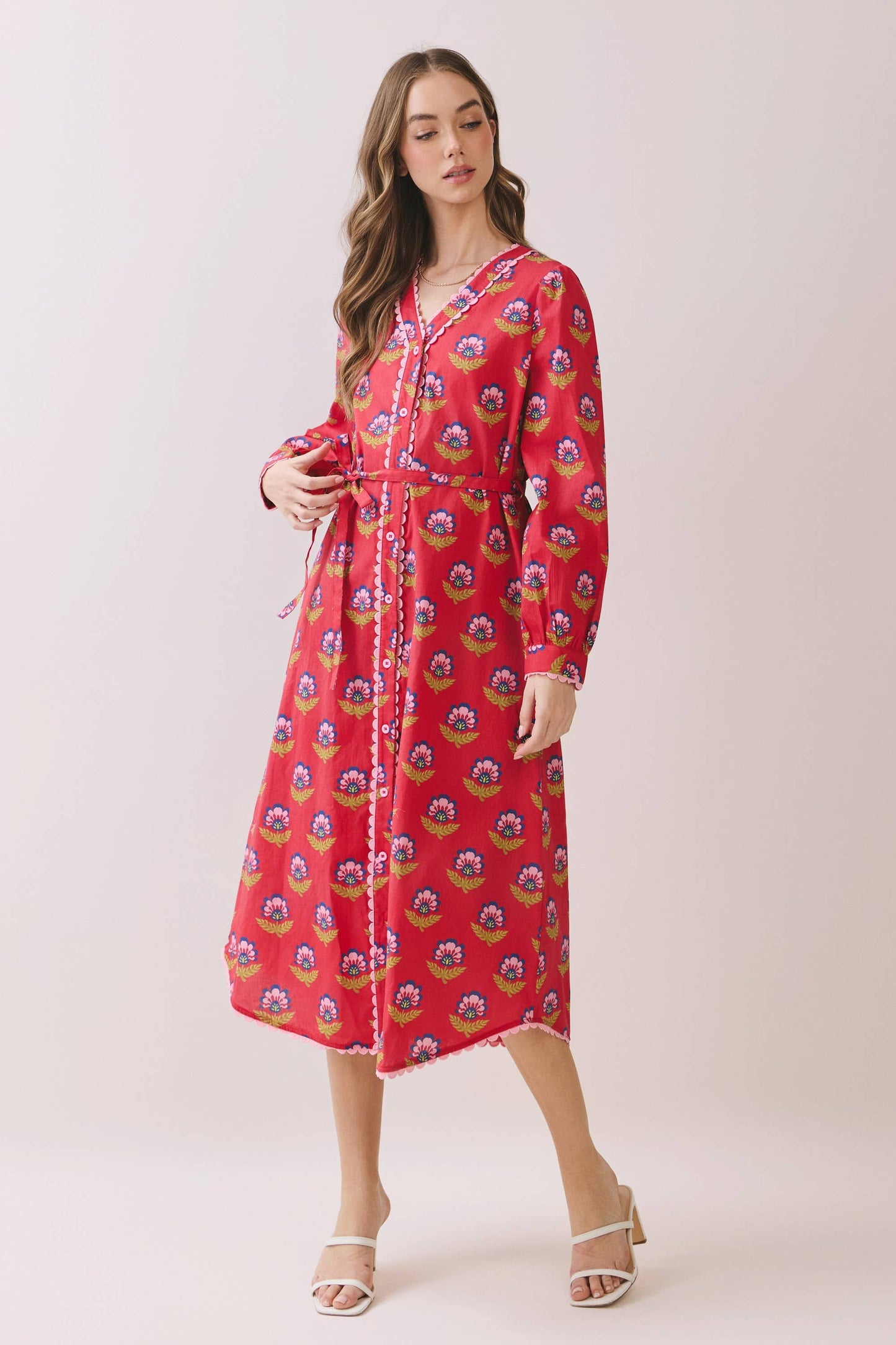 Scalloped Long Sleeve Button Down Midi Dress