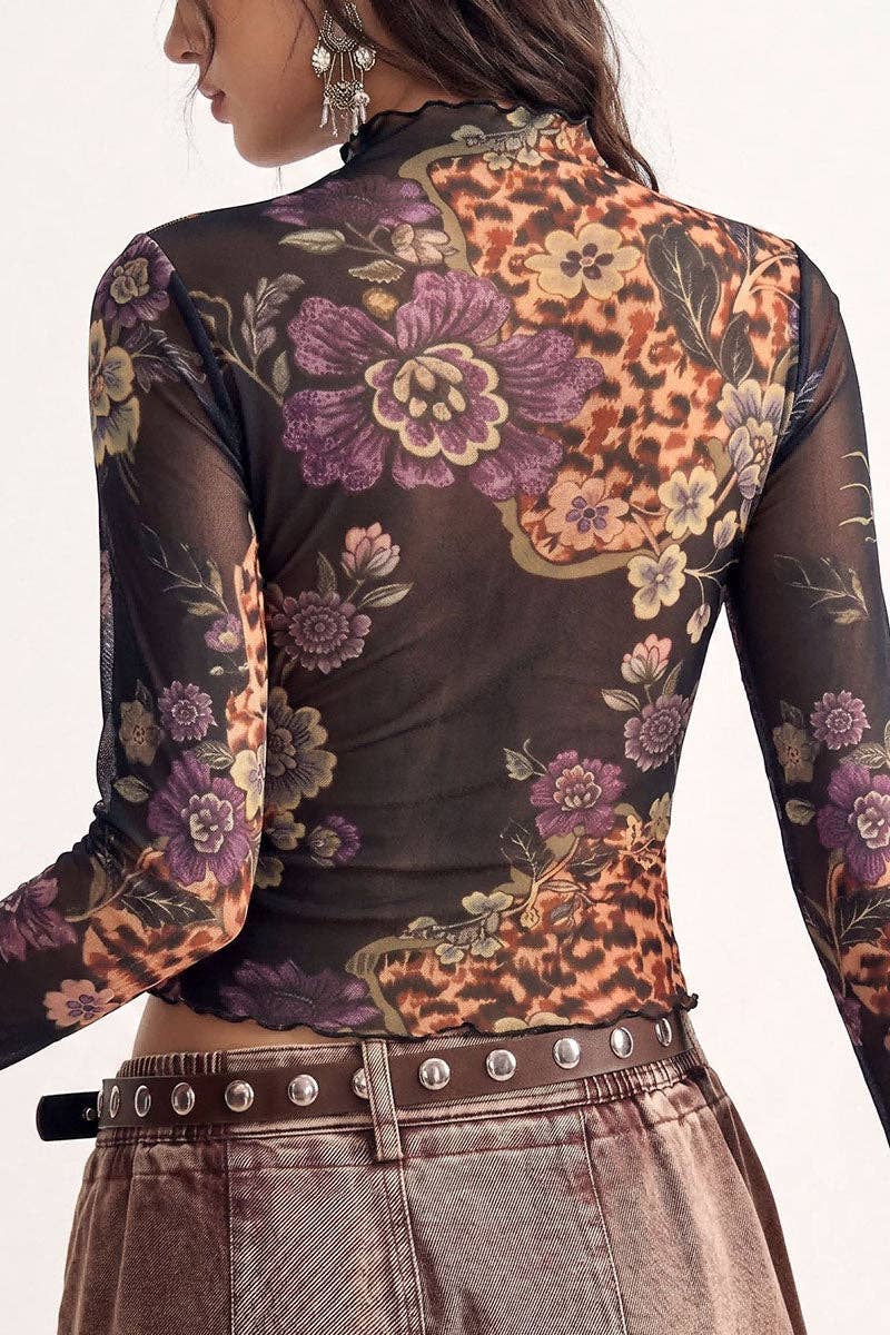 Sheer Floral Mock Neck Long Sleeve Blouse