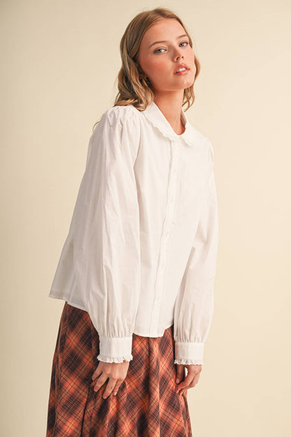 BUTTON UP TOP WITH SCALLOPED TRIM PETER PAN COTTON BLOUSE BLACK WHITE MUSHROOM