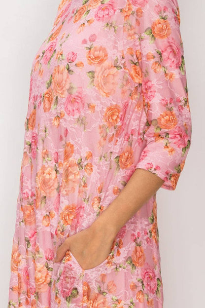 PLUS SIZE FLORAL LACE, DESIGNED WITH A MODEST ROUND NECK MIDI DRESS