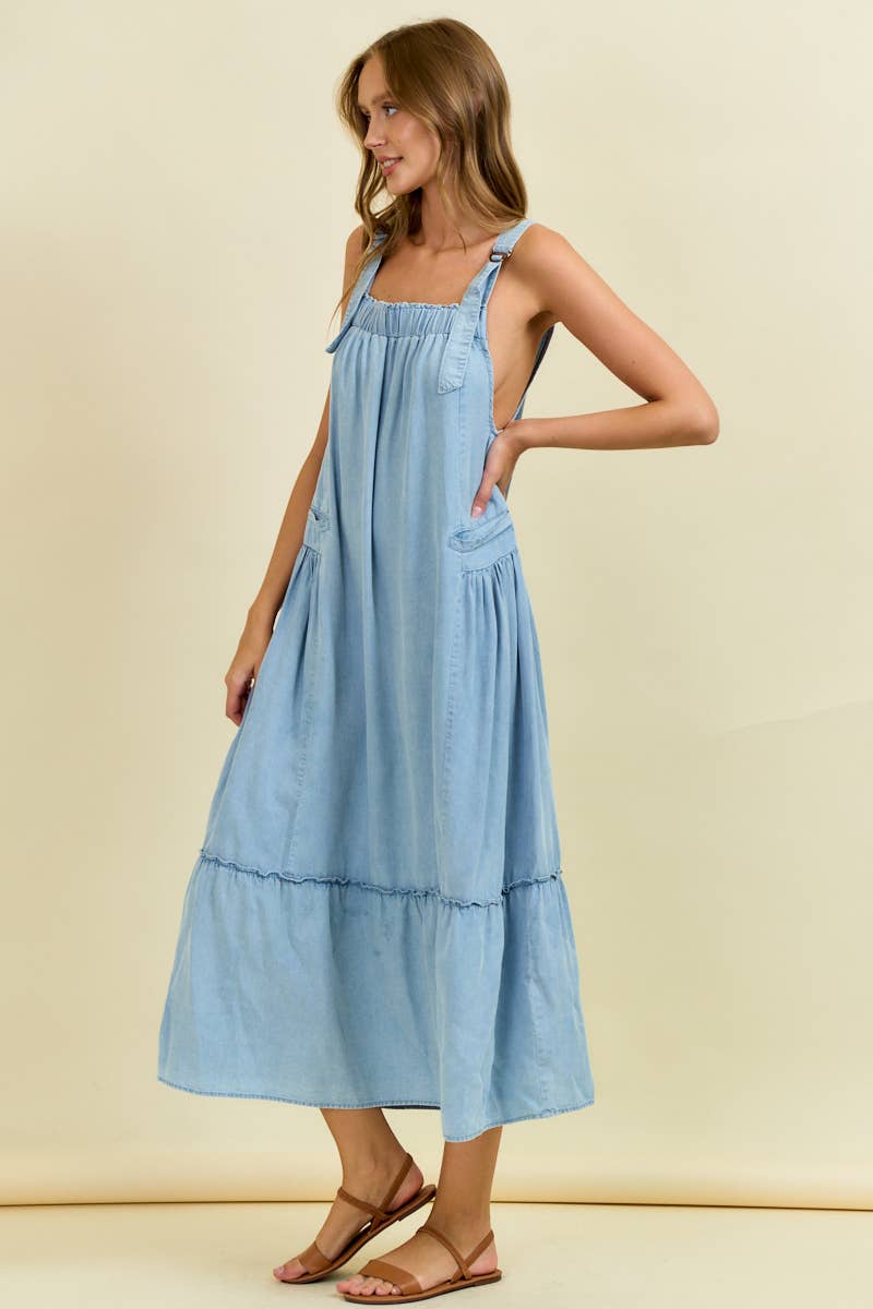 TENCEL MAXI OVERALL DRESS WITH TIERED RUFFLE