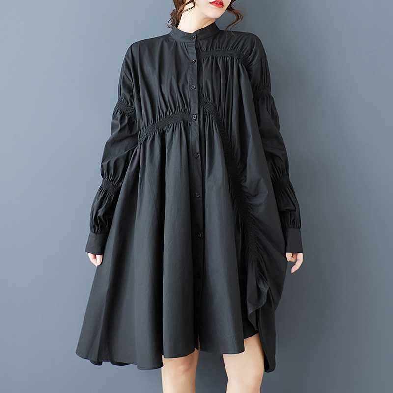 Black Relaxed Ruched Gathered Shirt Dress