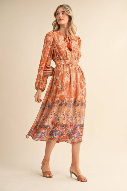 EXCLUSIVE FLORAL BORDER PRINT MIDI DRESS