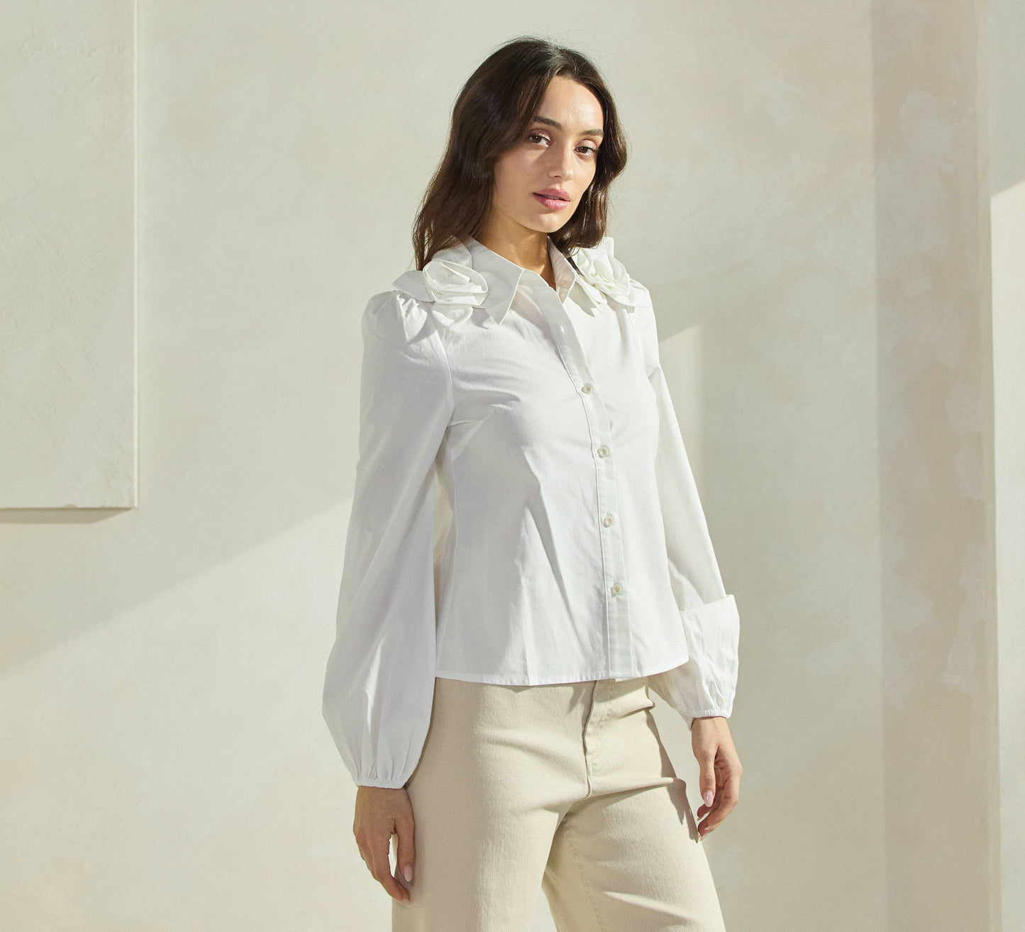 Floral Applique Off White Collared Blouse Top