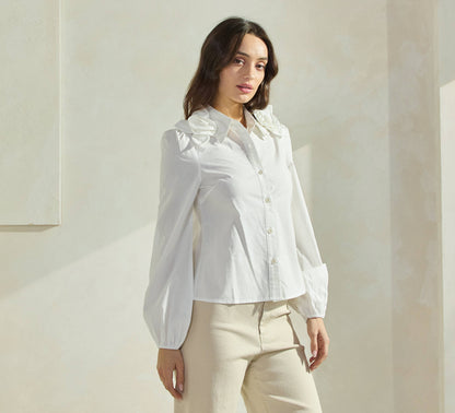 Floral Applique Off White Collared Blouse Top