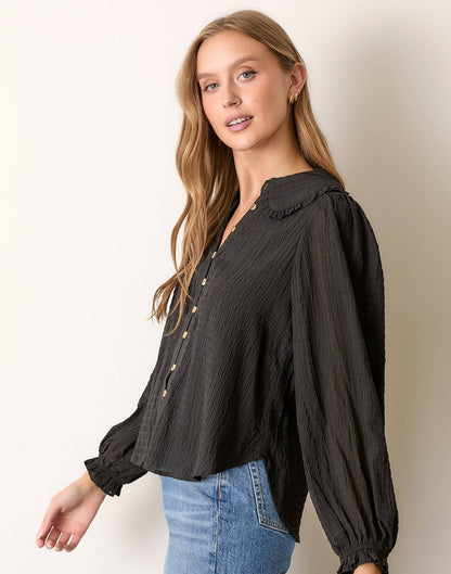 LONG SLEEVE BUTTON UP W ROUND COLLAR CREAM BLACK MULTI COLORS