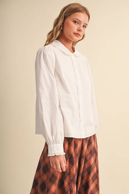 BUTTON UP TOP WITH SCALLOPED TRIM PETER PAN COTTON BLOUSE BLACK WHITE MUSHROOM