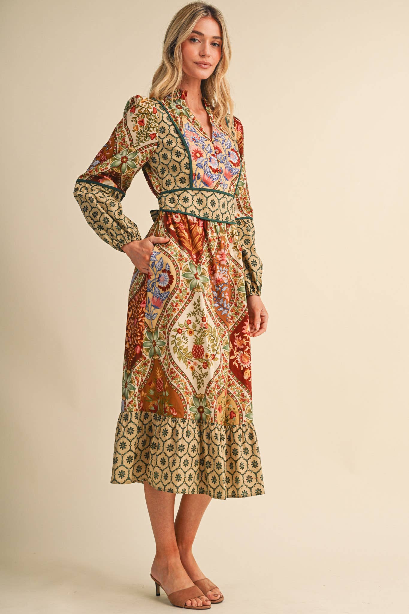 MIXED FLORAL PRINT CONTRAST PIPING MIDI DRESS