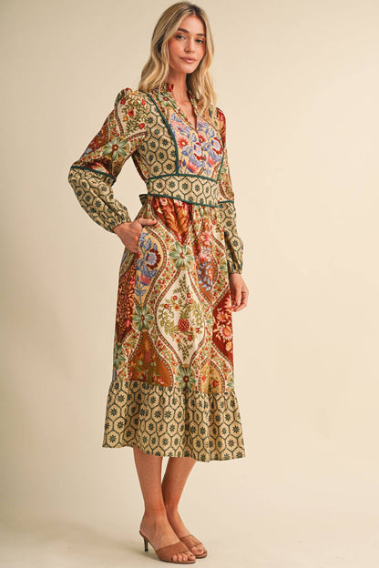 MIXED FLORAL PRINT CONTRAST PIPING MIDI DRESS