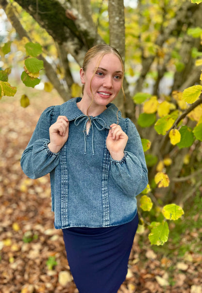Mineral Washed Chambray Denim Blouse Top