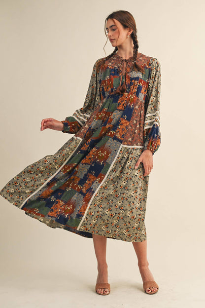 MIXED FLORAL PATCHWORK MIDI DRESS WITH LACE TRIM MDR4135