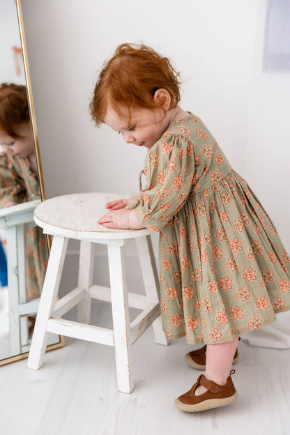 Sage-Green Floral Printed Sleeve Gathered Dress