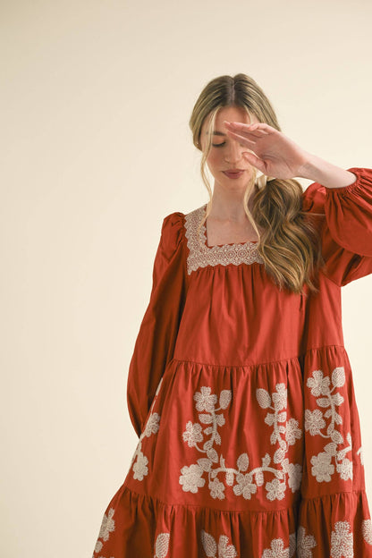 FLORAL EMBROIDERED TIERED MIDI DRESS RUST AMBER SQUARE NECK