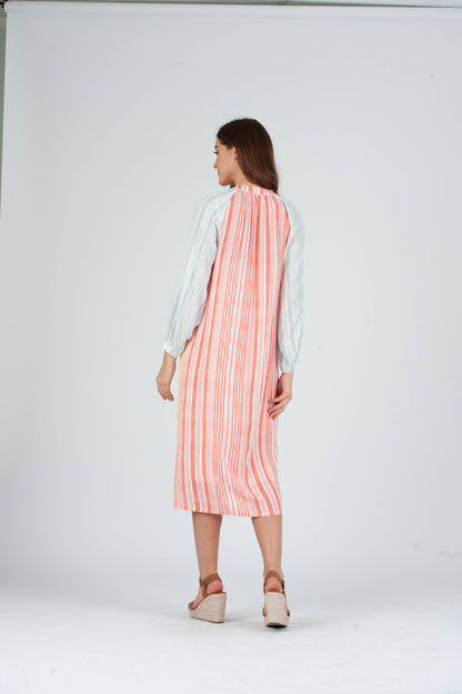 Blue Pink Yellow Multi Color Women's Striped Colorblock Midi Dress
