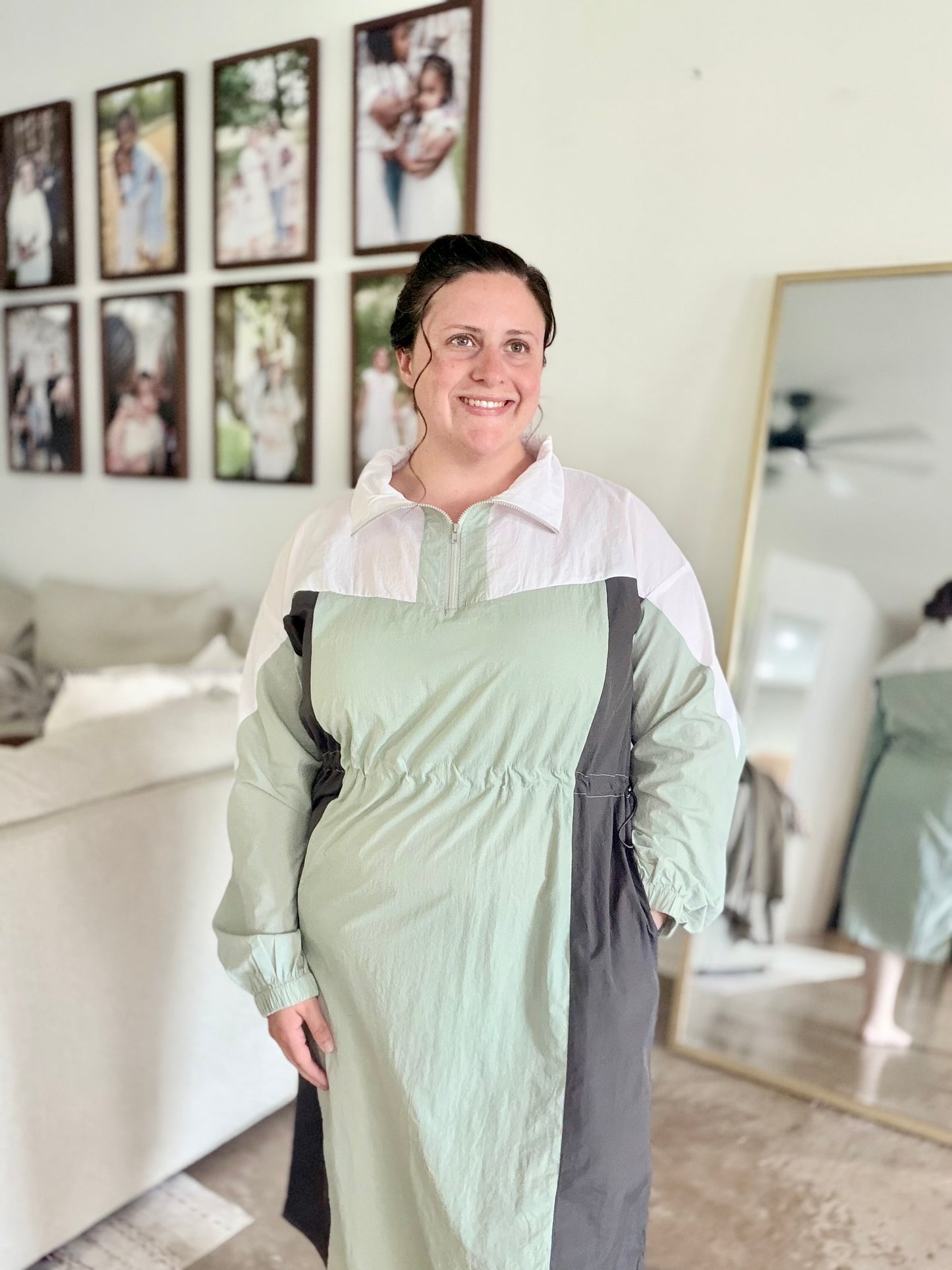 COLOR BLOCK LIGHTWEIGHT SAGE GREEN MULTI COLOR ATHLETIC WINDBREAKER ANORAK MIDI DRESS