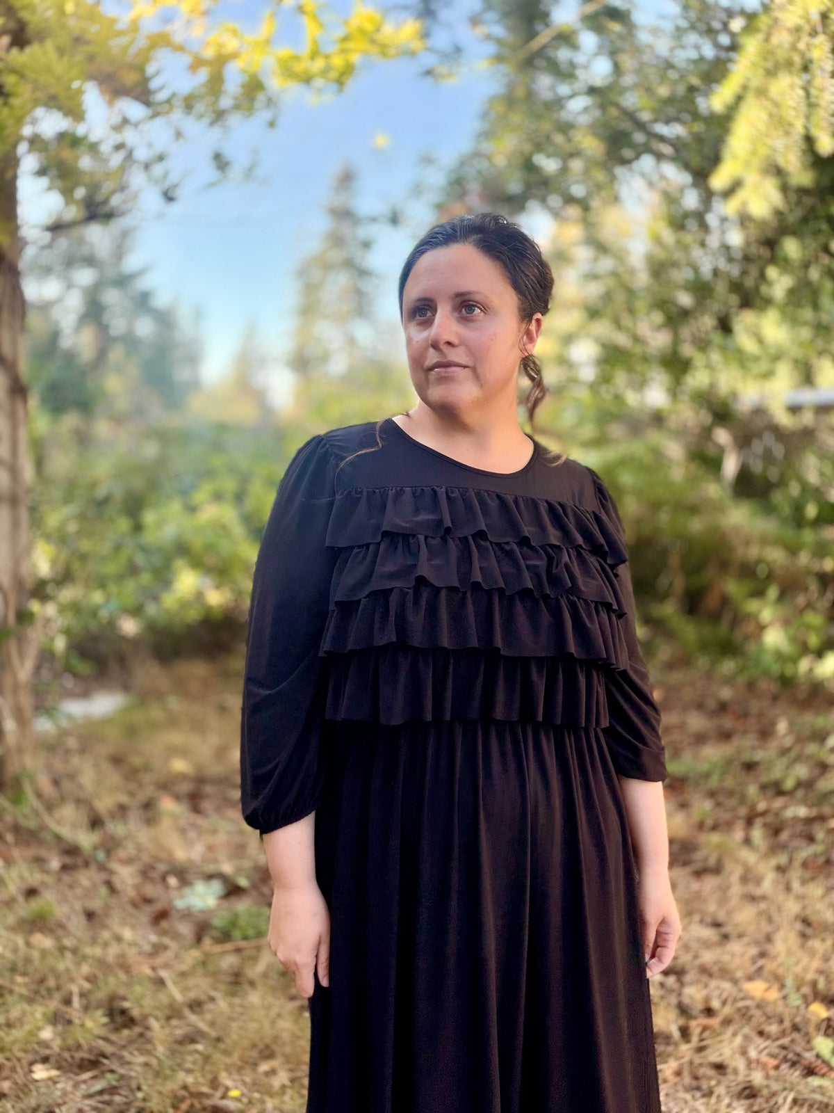 Black Modest 3/4 ballon sleeves 4 tier gathered ruffle dress