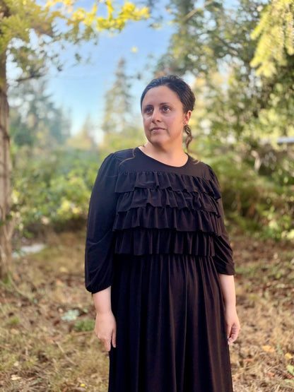 Black Modest 3/4 ballon sleeves 4 tier gathered ruffle dress